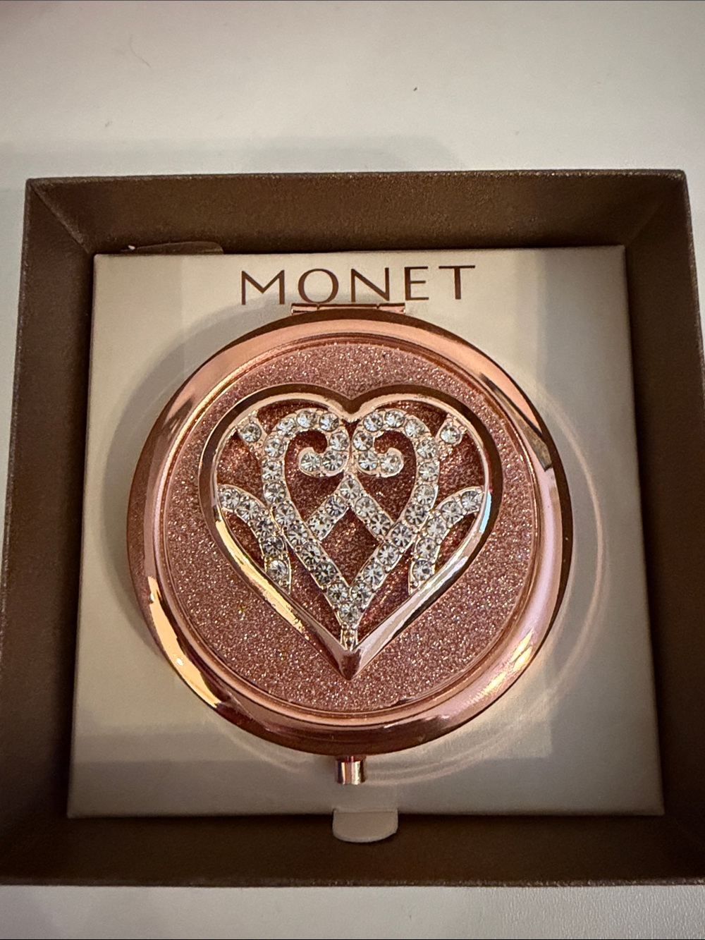 Monet Rose Gold Glitter Compact with Crystal Heart Accent